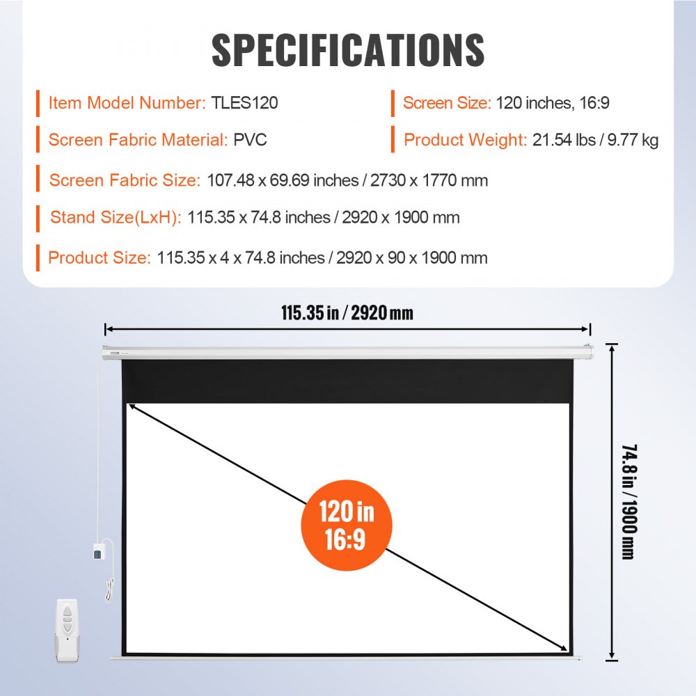 VEVOR Motorized Projector Screen, 120 inch 16:9 4K 1080 HD Electric ...