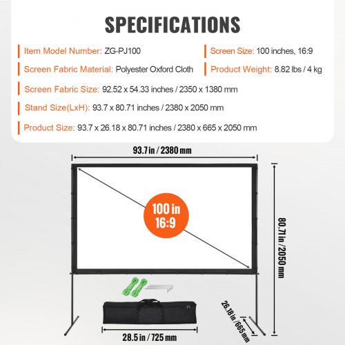 VEVOR Projector Screen with Stand, 100 inch 16:9 4K 1080 HD
