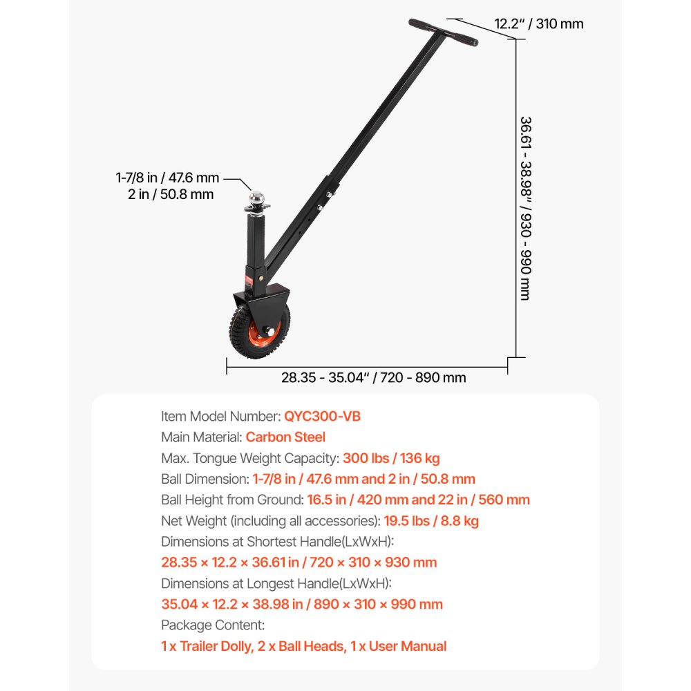 VEVOR Trailer Dolly, 300lbs Tongue Weight Capacity, 16.5 inch and 22 ...