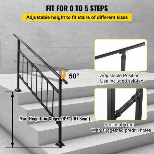 VEVOR Outdoor Stair Railing, Fits for 1-5 Steps Transitional Wrought ...