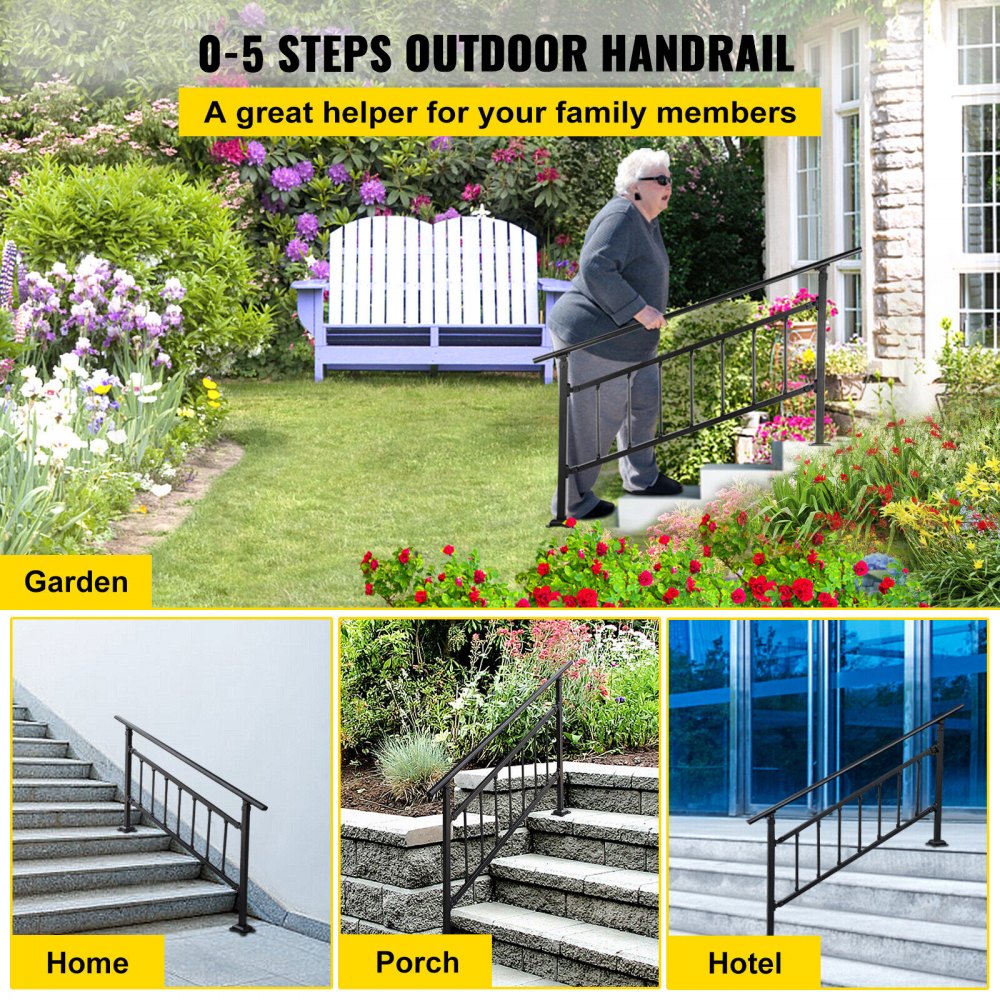 VEVOR Outdoor Stair Railing, Fits for 1-4 Steps Transitional Wrought Iron  Handrail, Adjustable Exterior Stair Railing, Handrails for Concrete Steps 