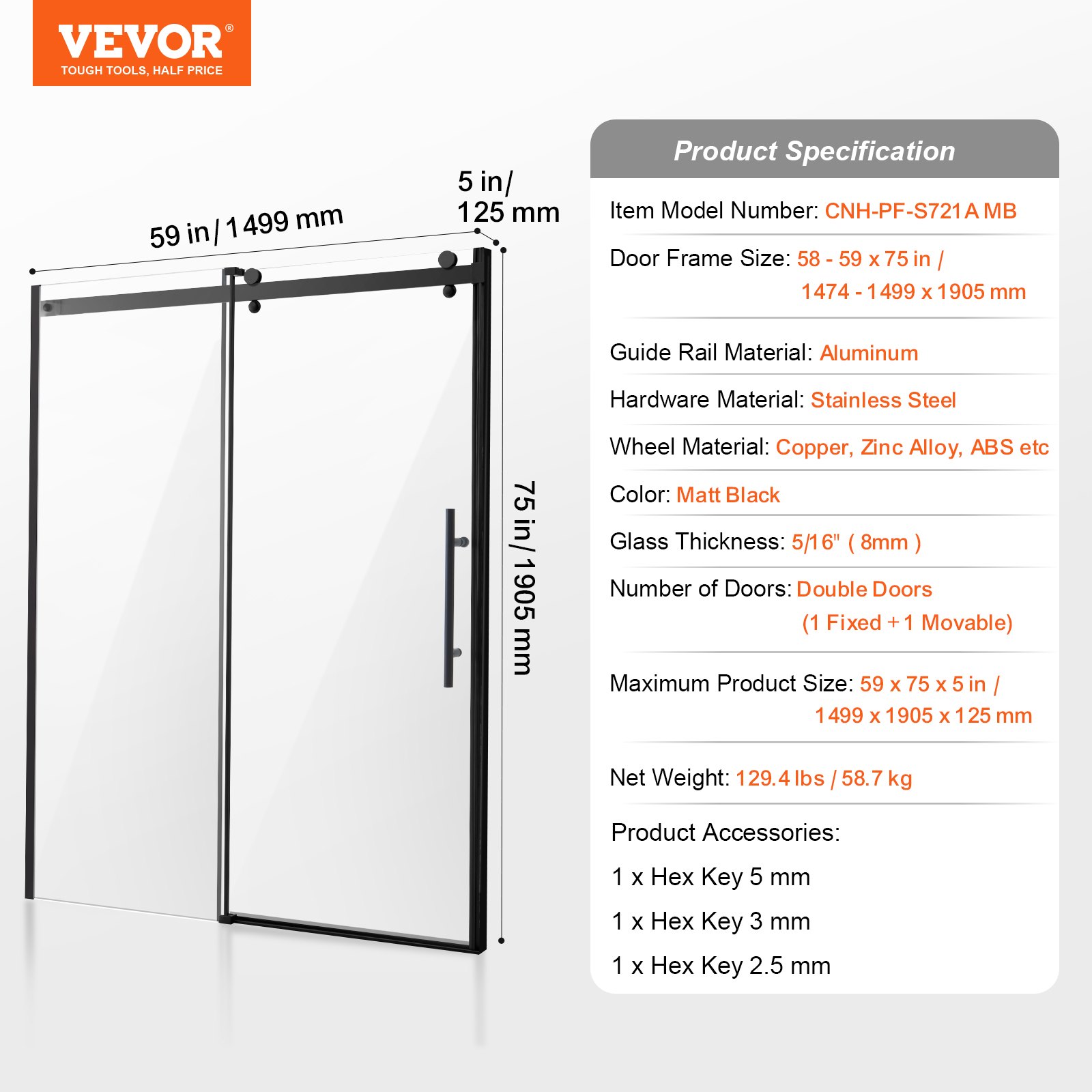 VEVOR Frameless Shower Door 58-59" x 75" Tempered Glass 5/16" Matte ...