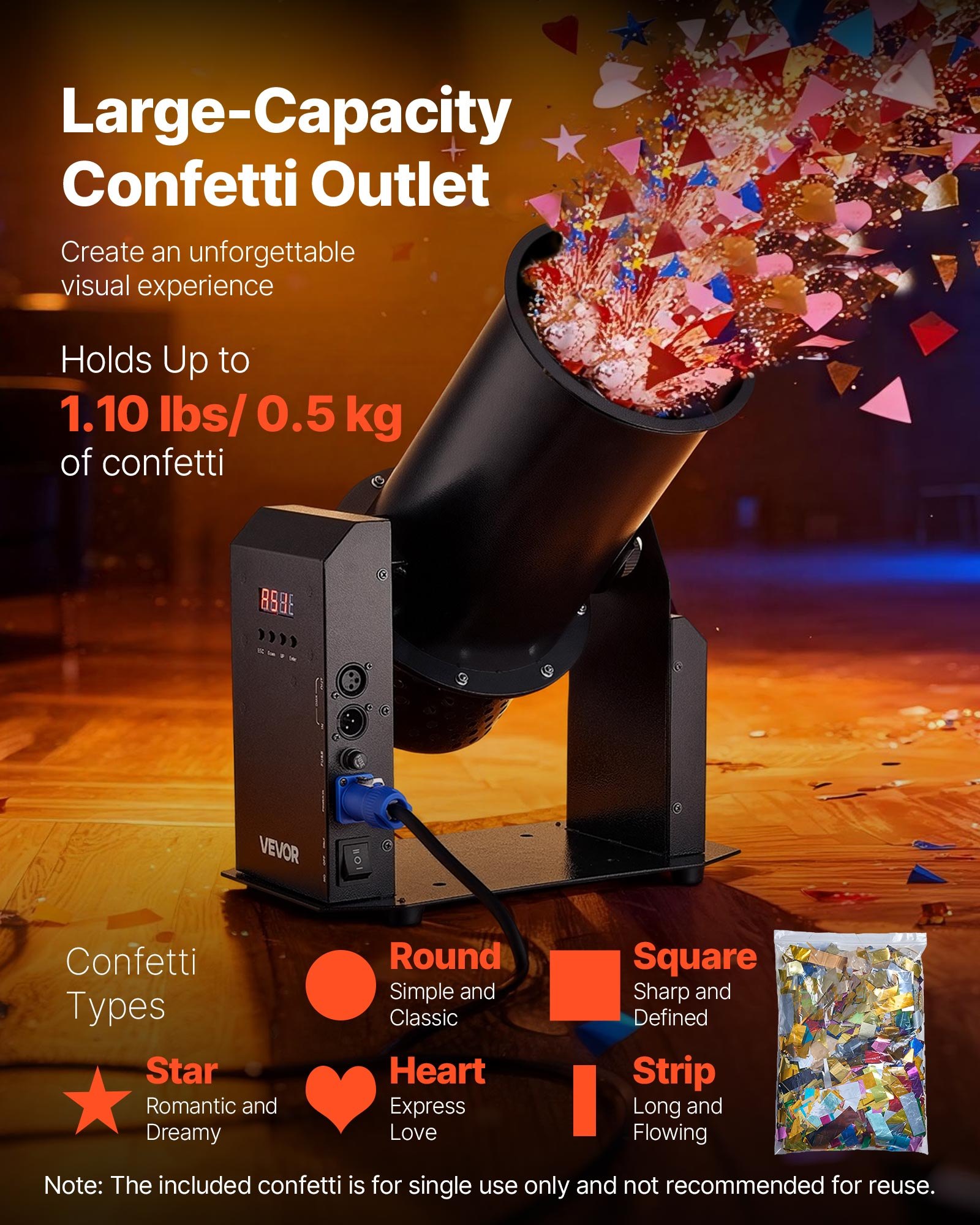 VEVOR Confetti Shooter Machine - 1500W, DMX512, 5m Throw