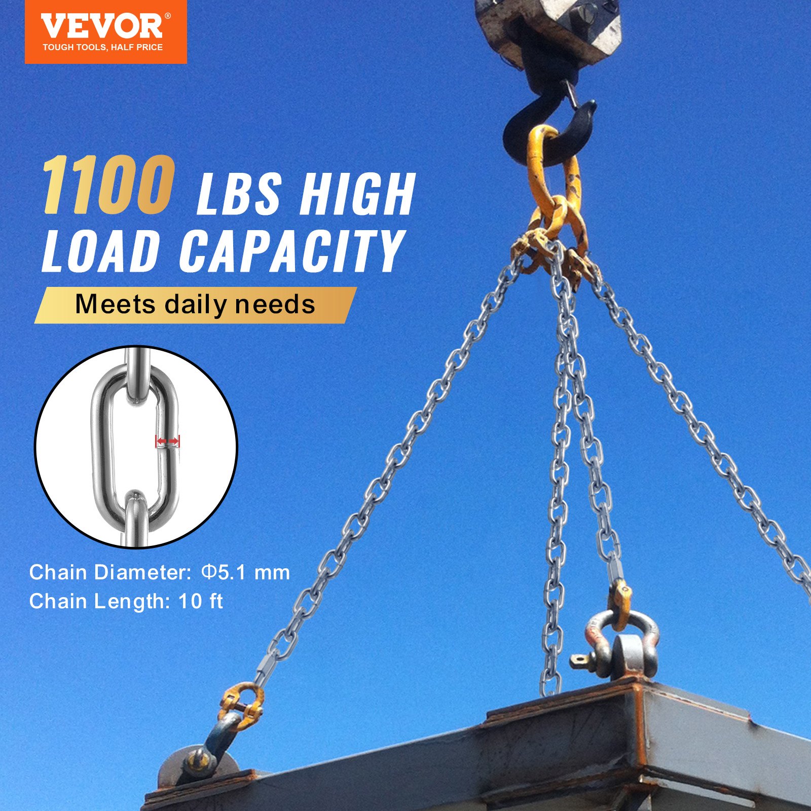 VEVOR Proof Coil Chain – 3/16” x 10 ft, 1100 lbs Load