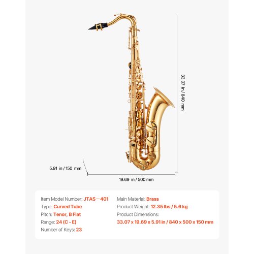 Gold Brass Tenor Saxophone B Flat Sax Beginner Kit with Case Straps ...
