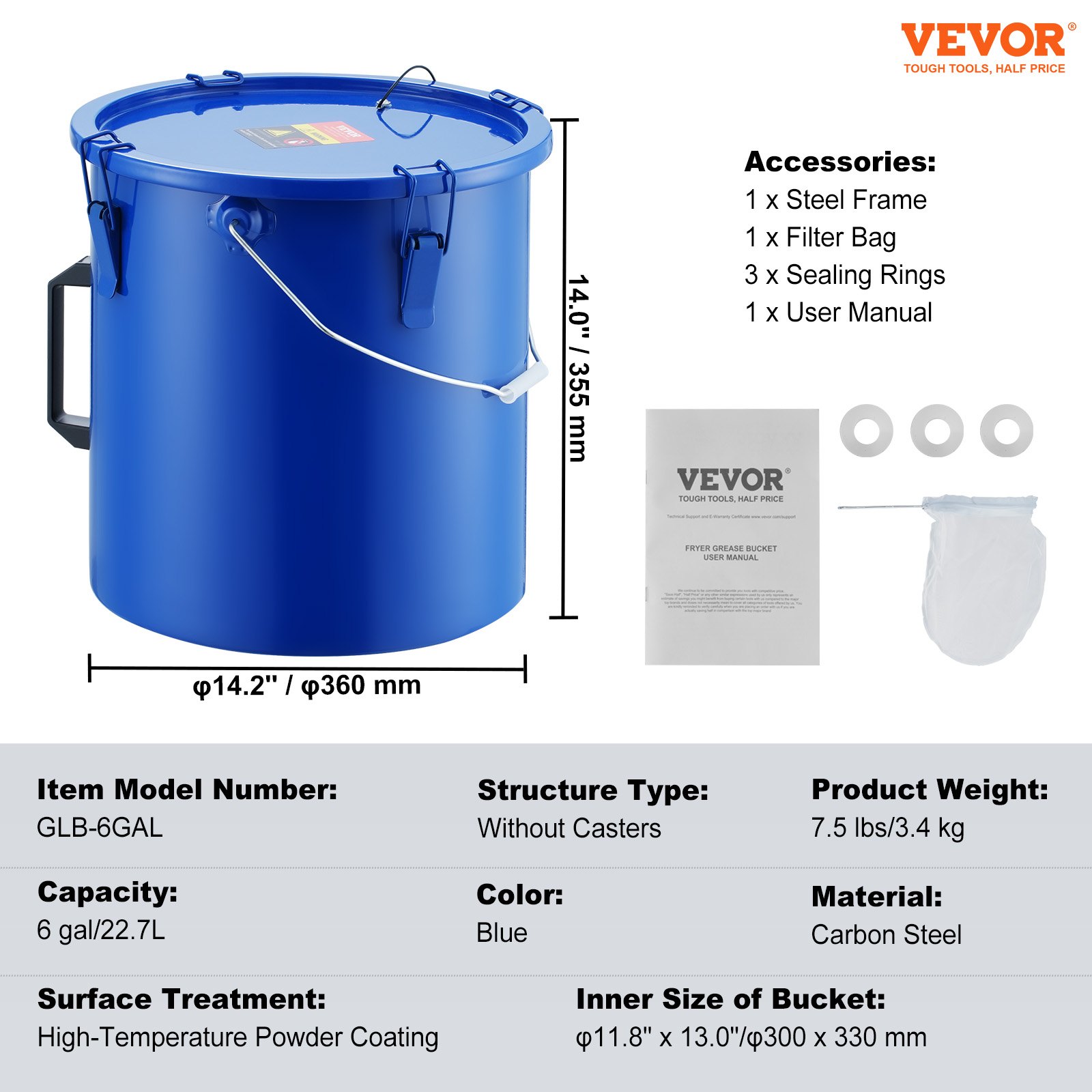 VEVOR Fryer Grease Bucket, 6 Gal Oil Disposal Caddy Carbon Steel Fryer ...