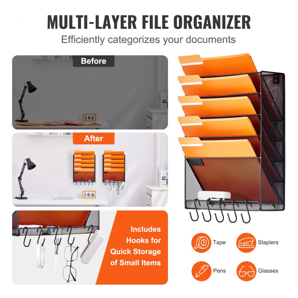 VEVOR Hanging Wall Files Organizer, 2-Piece 6 Pocket Vertical Wall File ...