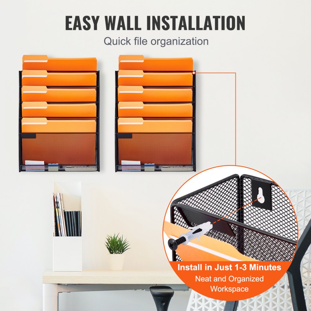 VEVOR File Wall Rack, Two-Piece 6 Pockets Mesh Wall File Holder, Wall ...