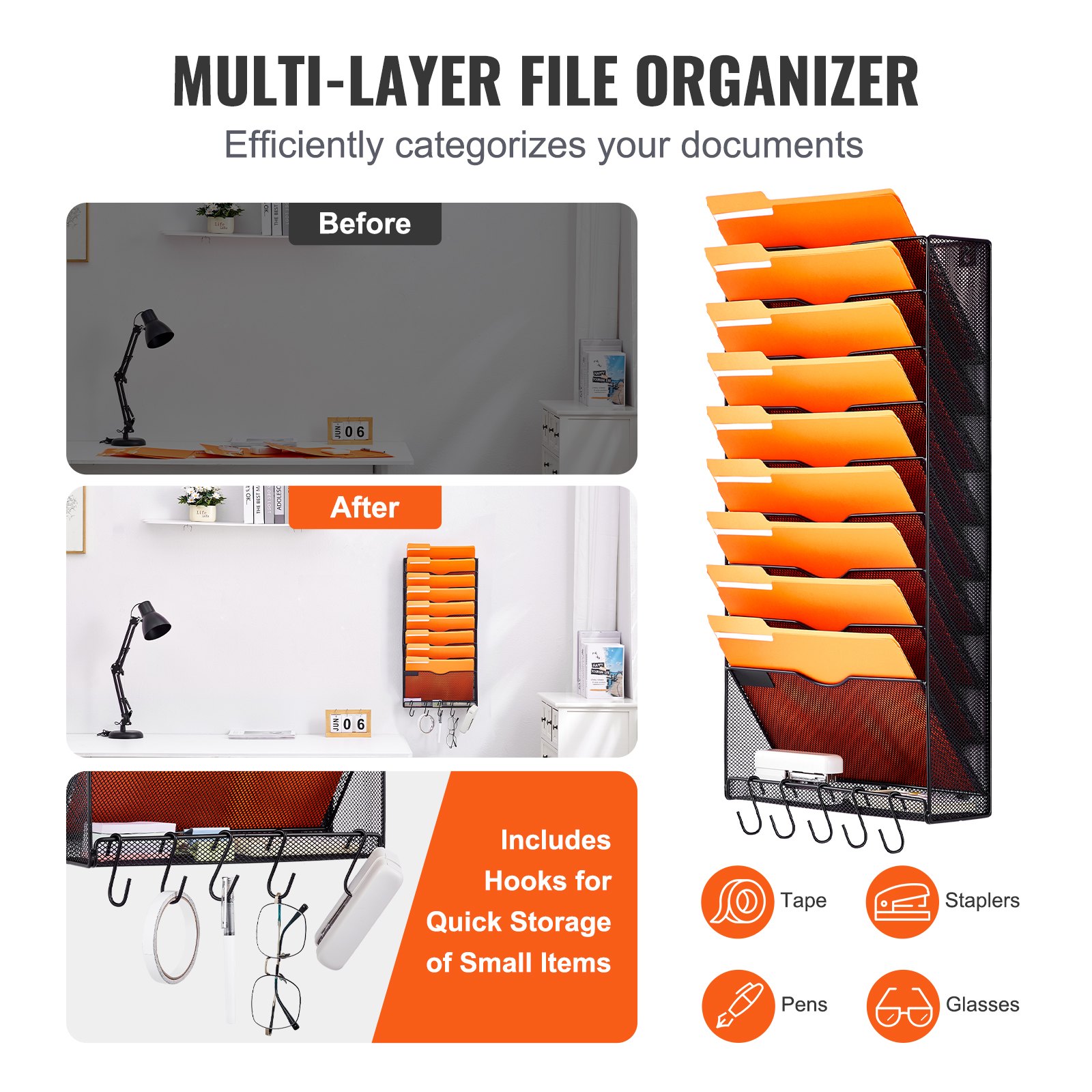 VEVOR Hanging Wall Files Organizer, 10-Tier Vertical Wall File Holder ...