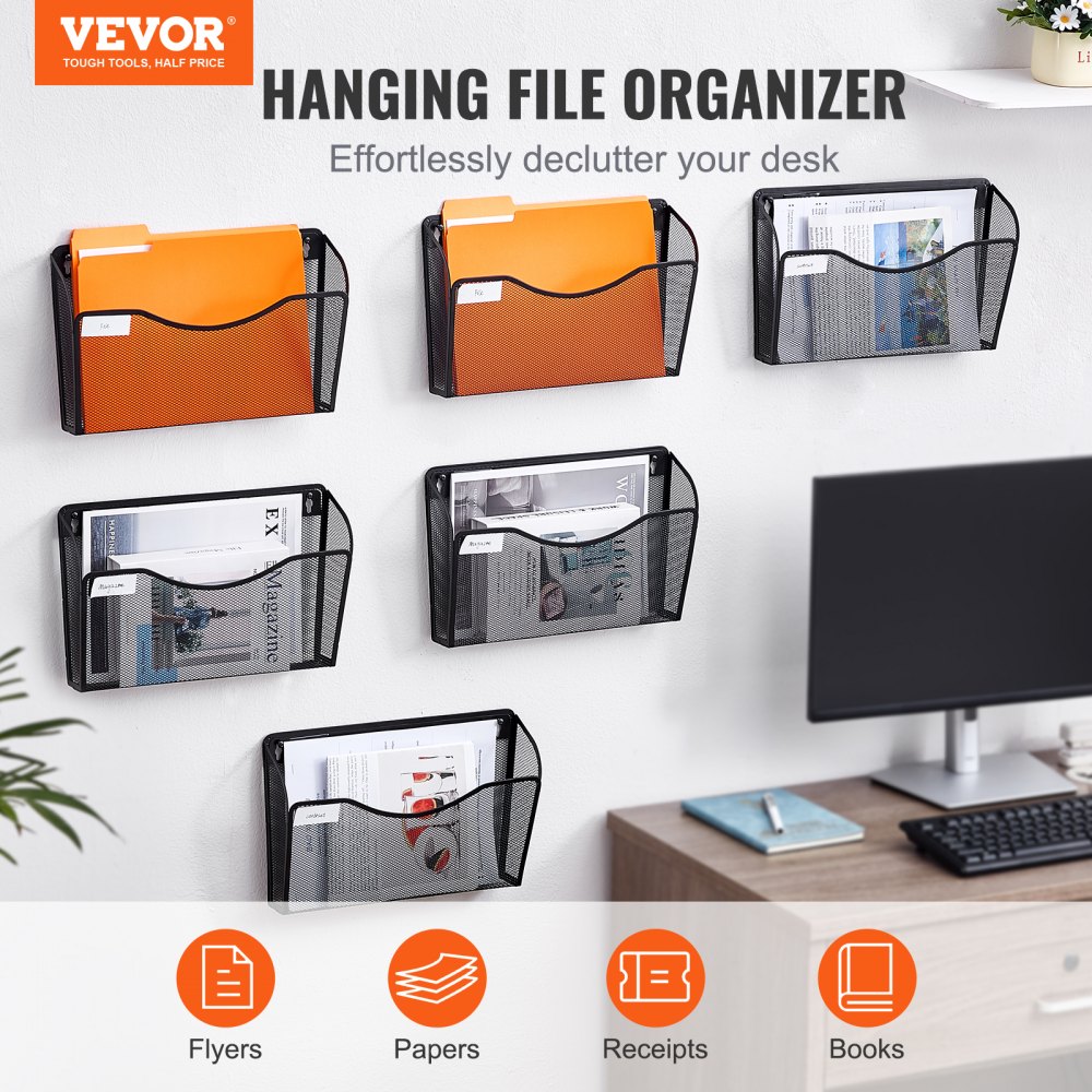 VEVOR File Wall Rack, Six-Piece 1 Pocket Mesh Wall File Holder, Wall ...