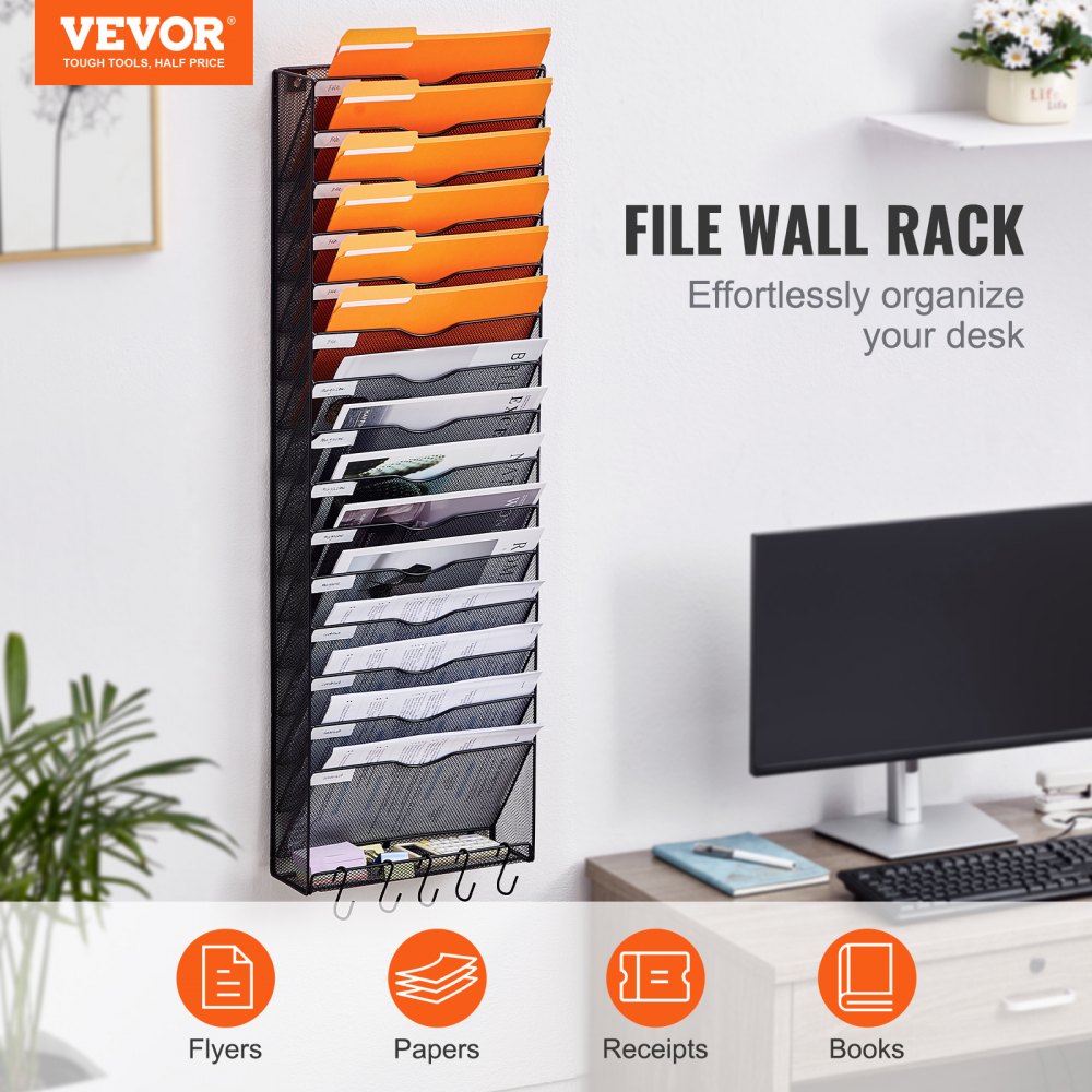 VEVOR File Wall Rack, One-Piece 16 Pockets Mesh Wall File Holder, Wall ...