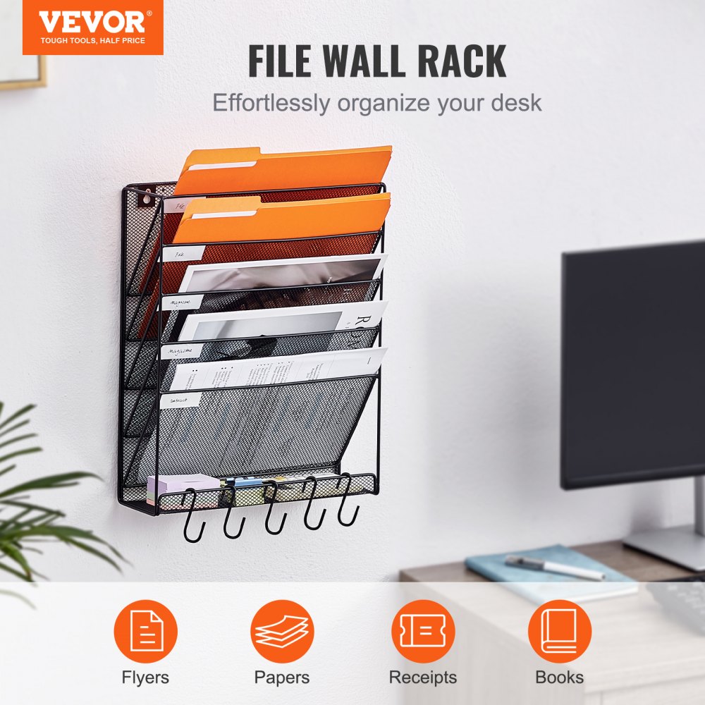 VEVOR File Wall Rack, One-Piece 6 Pockets Mesh Wall File Holder, Wall ...