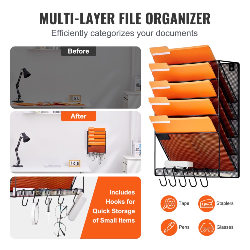VEVOR File Wall Rack, One-Piece 6 Pockets Mesh Wall File Holder, Wall ...