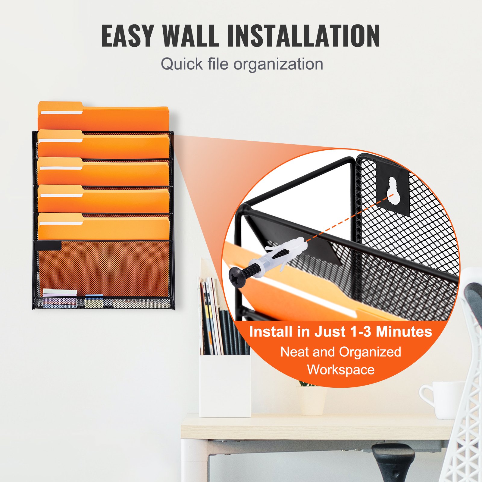 VEVOR File Wall Rack, One-Piece 6 Pockets Mesh Wall File Holder, Wall ...