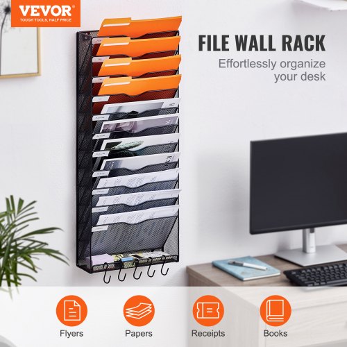 VEVOR File Wall Rack, One-Piece 12 Pockets Mesh Wall File Holder, Wall ...