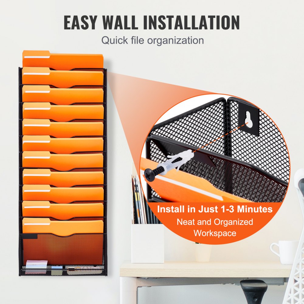 VEVOR File Wall Rack, One-Piece 12 Pockets Mesh Wall File Holder, Wall ...