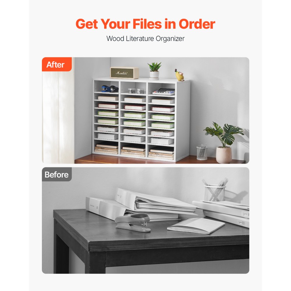organizér na literaturu, 24 přihrádek, kancelářská poštovní schránka s nastavitelnými policemi, dřevěný třídič poštovních schránek, dřevovláknitá deska střední hustoty, kancelářský úložný prostor pro domácí učebnu, úložný prostor pro soubory, dokumenty, papíry, bílý - miniatura 2