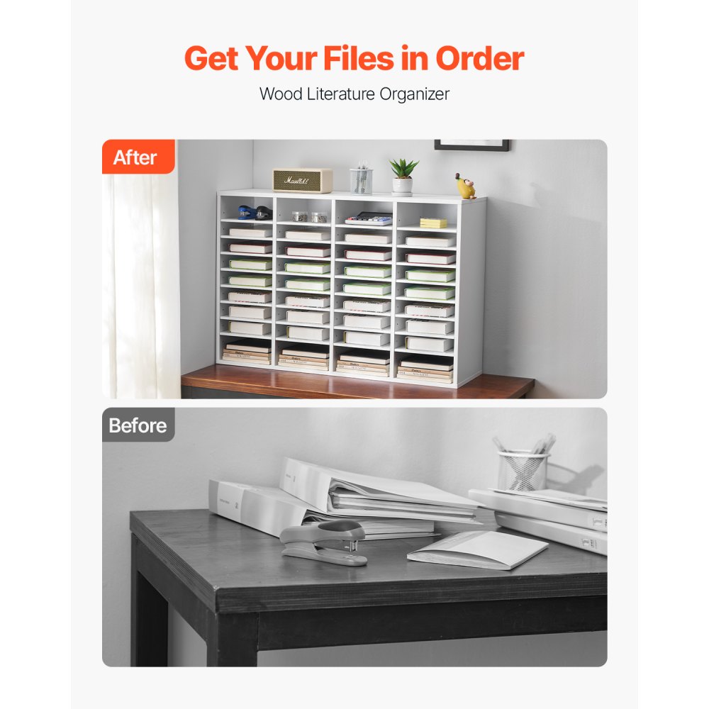 organizér na literaturu, 36 přihrádek, kancelářská poštovní schránka s nastavitelnými policemi, dřevěný třídič poštovních schránek, dřevovláknitá deska střední hustoty, kancelářský úložný prostor pro domácí učebnu, úložný prostor pro soubory, dokumenty, papíry, bílý - miniatura 2