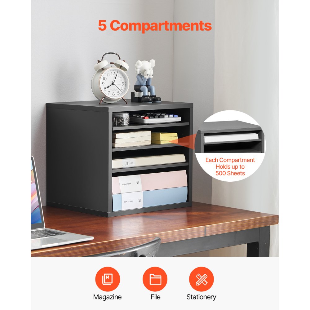 organizér na literaturu, 5 přihrádek, kancelářská poštovní schránka s nastavitelnými policemi, dřevěný organizér na poštovní schránky, dřevovláknitá deska střední hustoty, kancelářský úložný prostor pro domácí učebnu, úložný prostor pro spisy, dokumenty, papíry, šedý - miniatura 4