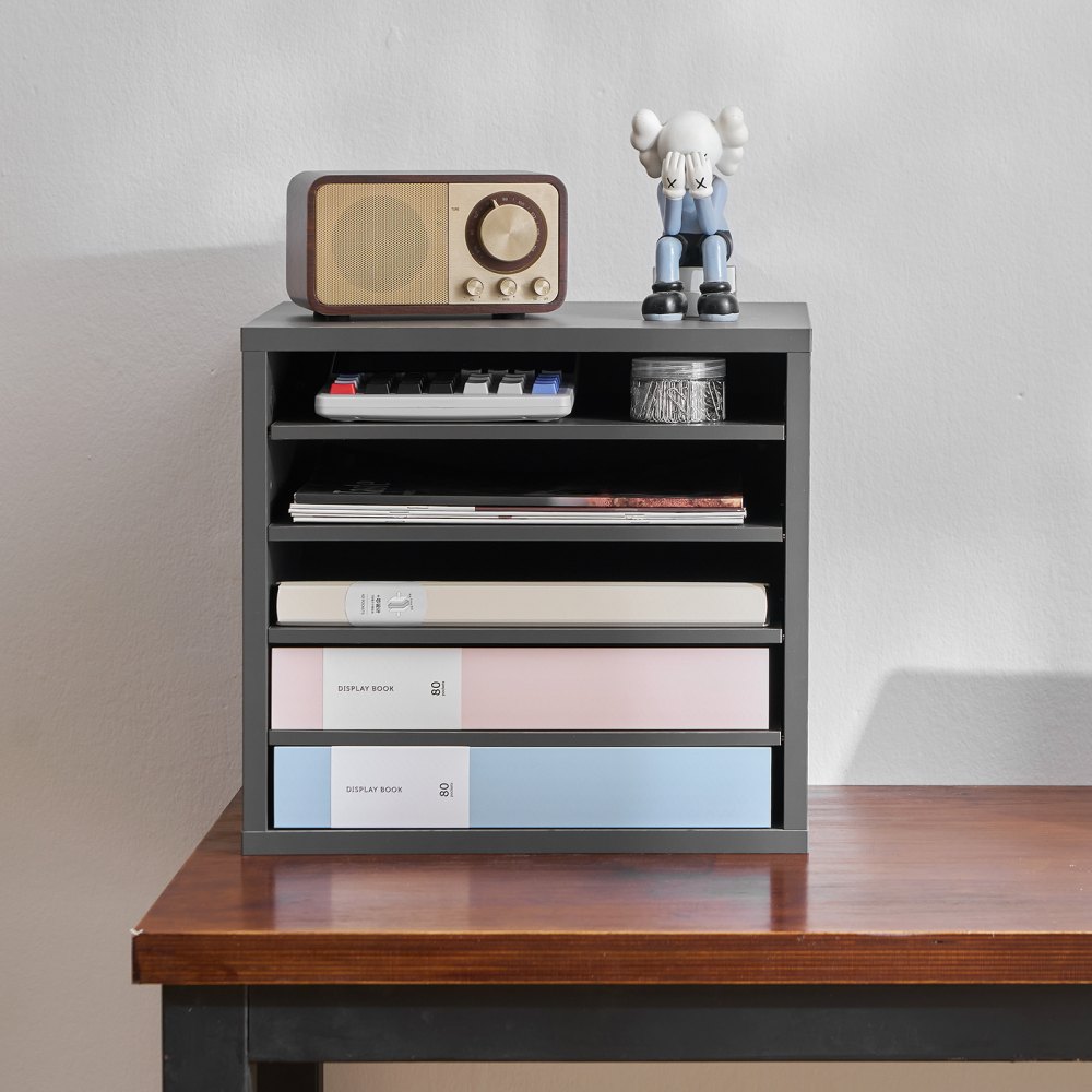 organizér na literaturu, 5 přihrádek, kancelářská poštovní schránka s nastavitelnými policemi, dřevěný organizér na poštovní schránky, dřevovláknitá deska střední hustoty, kancelářský úložný prostor pro domácí učebnu, úložný prostor pro spisy, dokumenty, papíry, šedý - miniatura 8