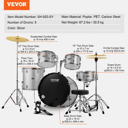 VEVOR Adult Drum Set, 5-Piece, 22 inches Complete Full Size Drum