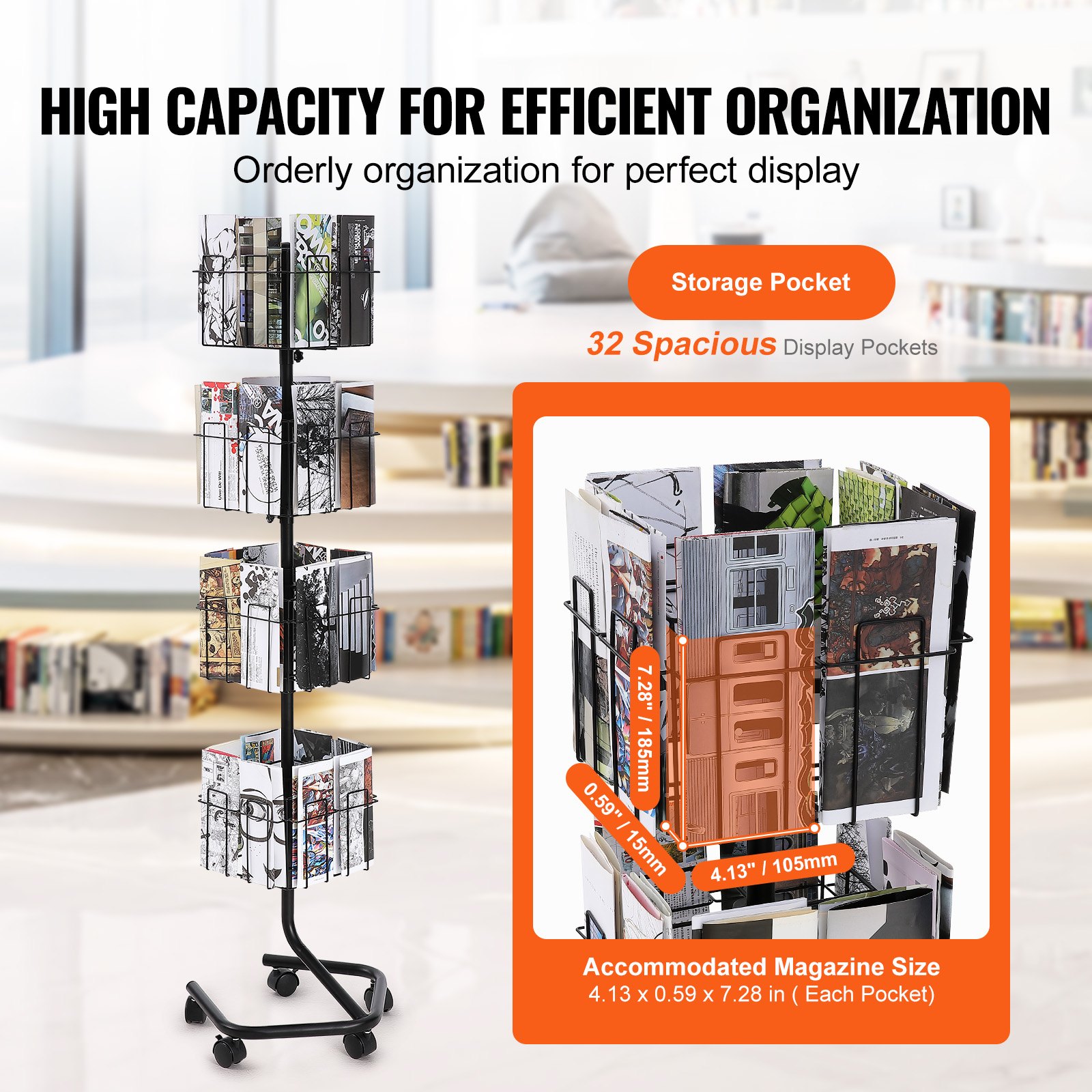 VEVOR Brochure Display Rack, 4-Tier 32 Pockets Rotating Magazine ...