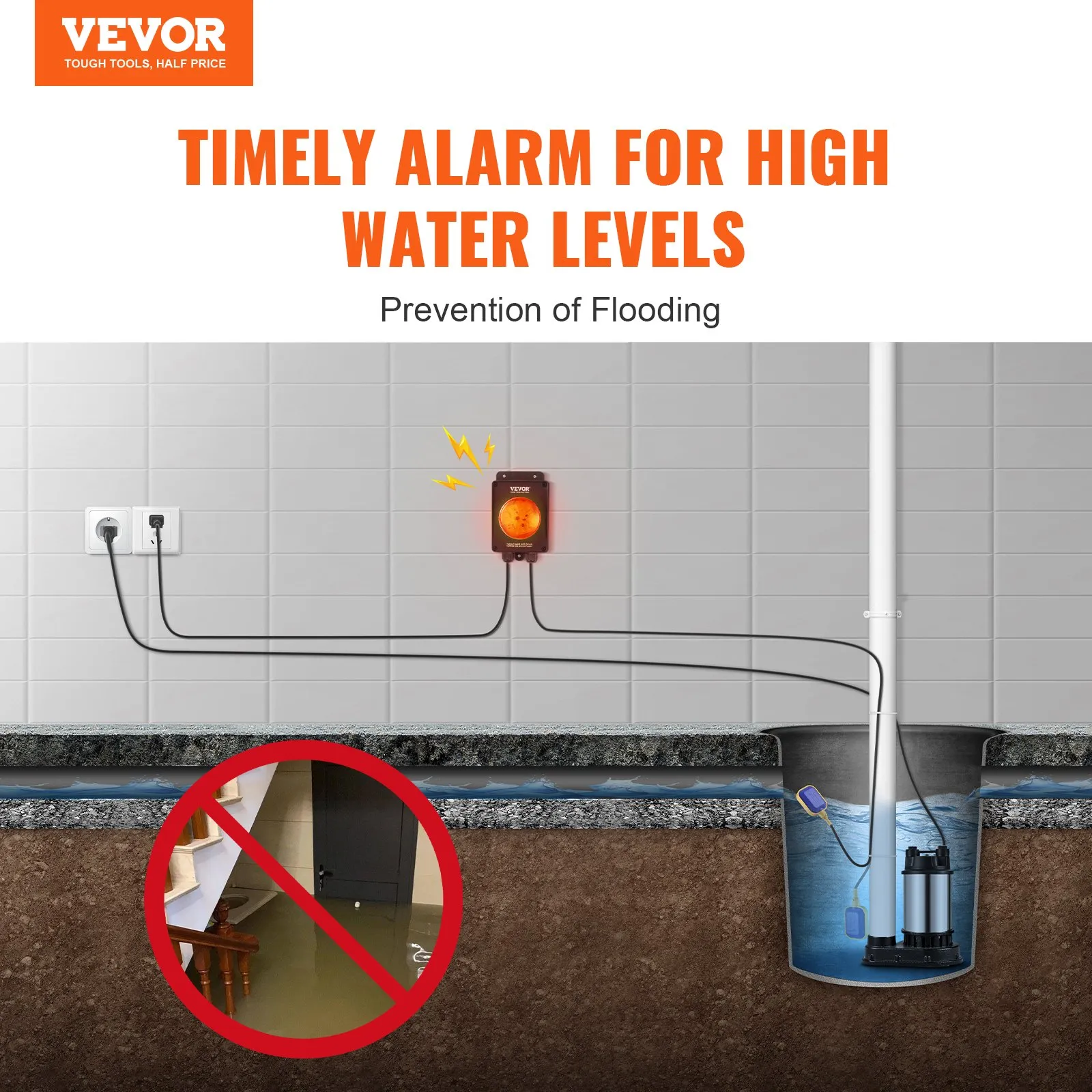 VEVOR Sump Pump Alarm With 16.4ft Level Float Switch Loud Alarm LED ...