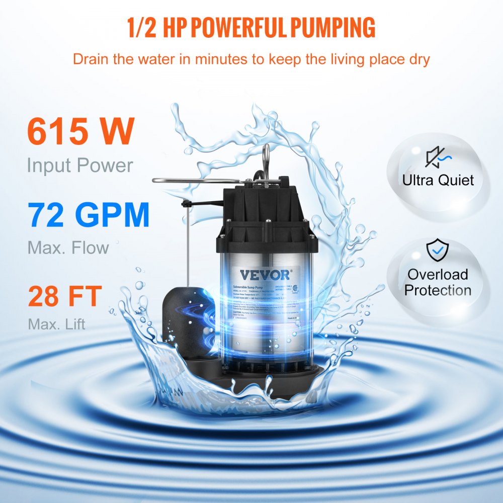 VEVOR Sump Pump, 1/2 HP 3960 GPH, Submersible Cast Iron Stainless Steel ...