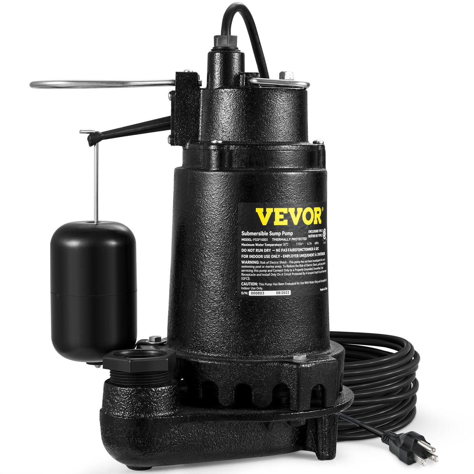 VEVOR 1HP Sewage Pump, 5600 GPH Cast Iron Submersible Sump Pump with