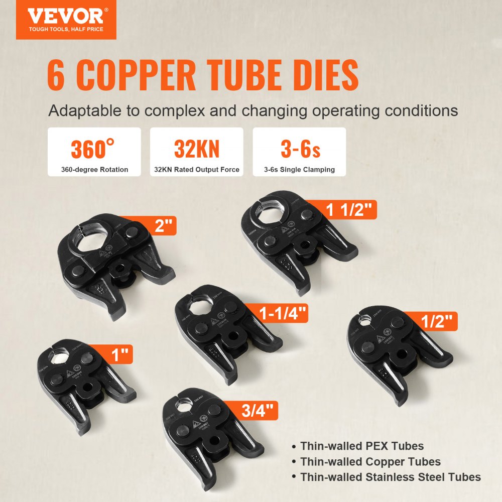 VEVOR Pro Press Tool, 18V Electric Pipe Crimping Tool for 1/2" to 2" Stainless Steel, Copper