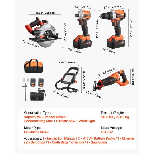 Tool Combo Kit 20V Brushless 5-Tool Cordless Power Tool Combo Kit with ...