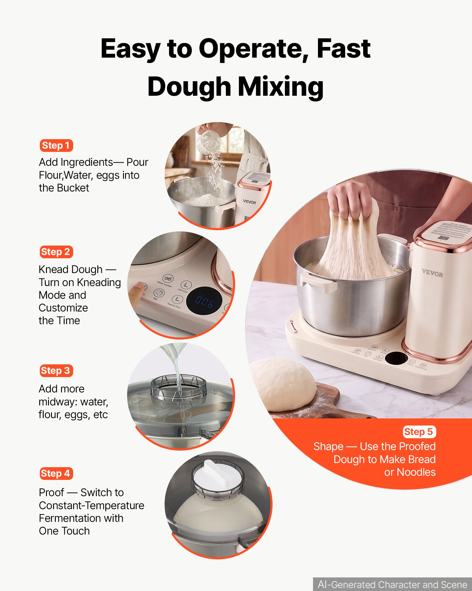 VEVOR Dough Mixer 5.3 Quart Electric Dough Maker with Ferment Function ...
