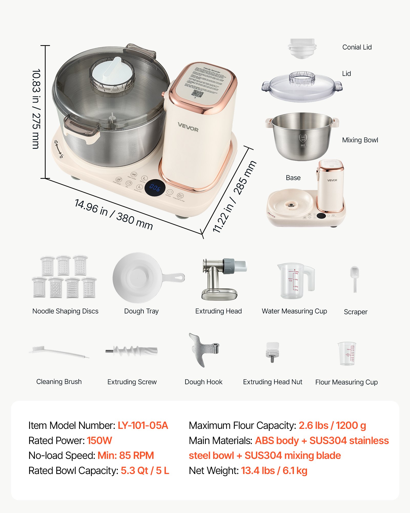 VEVOR Dough Mixer 5.3 Quart Electric Dough Maker with Ferment Function ...