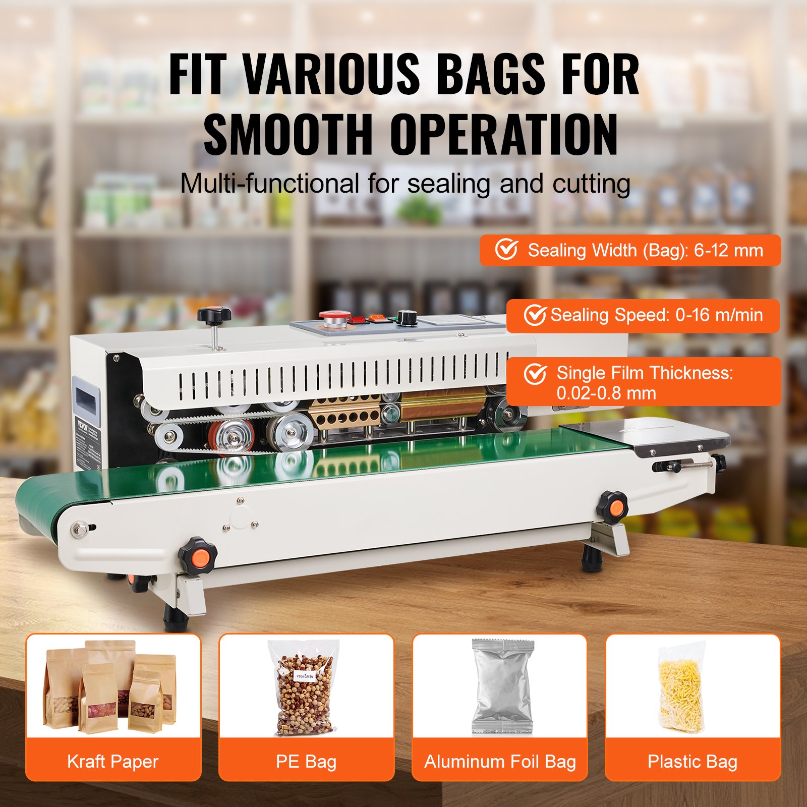 Selear Machine VEVOR Continuous Bag Band Sealing Machine Horizontal Band Sealer with ...
