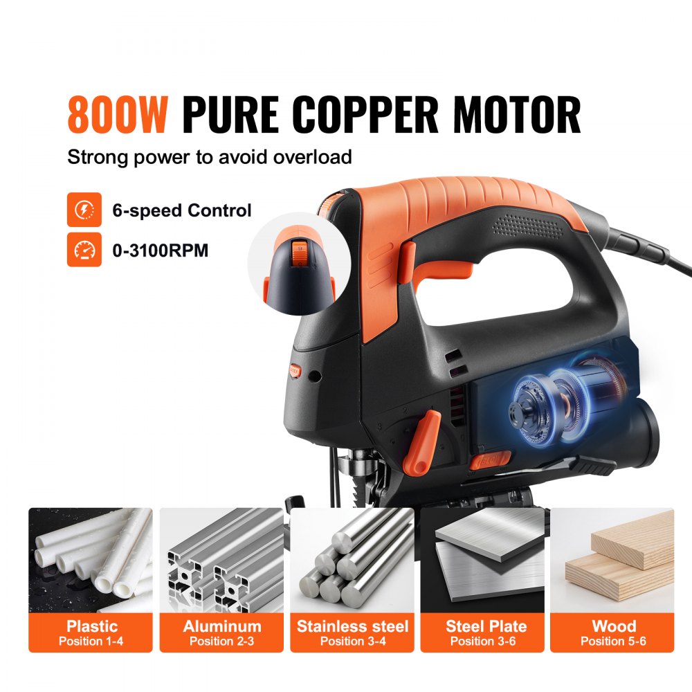 VEVOR Jig Saw, 6 Variablespeed Jigsaw with Laser Scale Ruler, 4Stage Orbital 045° Bevel