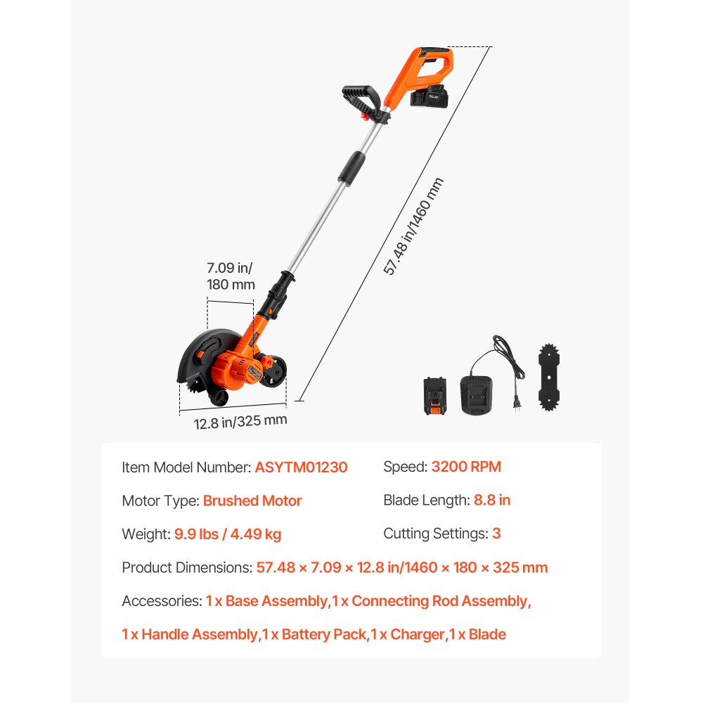 VEVOR Lawn Edger, 8.8-inch Blade Length, Battery Powered Cordless Edger ...