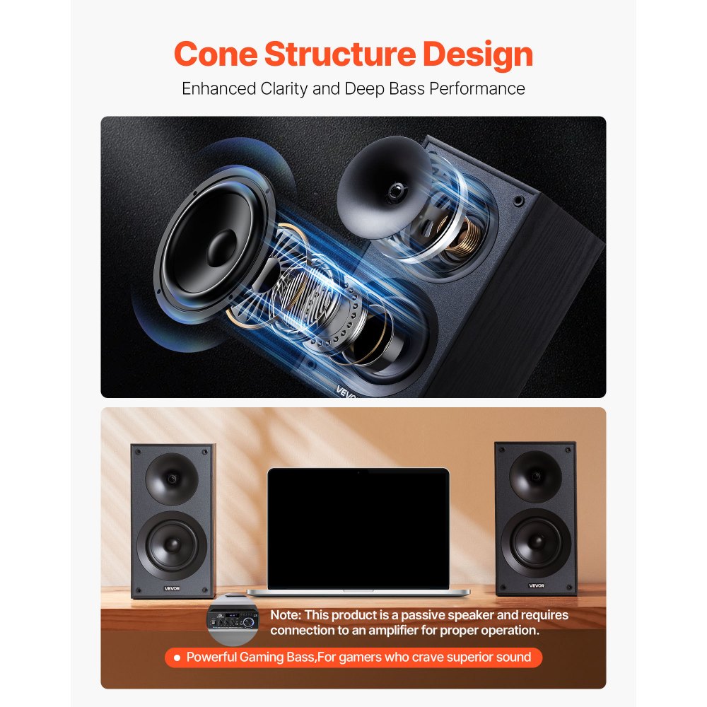 VEVOR Passive Bookshelf Home Speakers Pair Stereo Audio Speakers Cone ...
