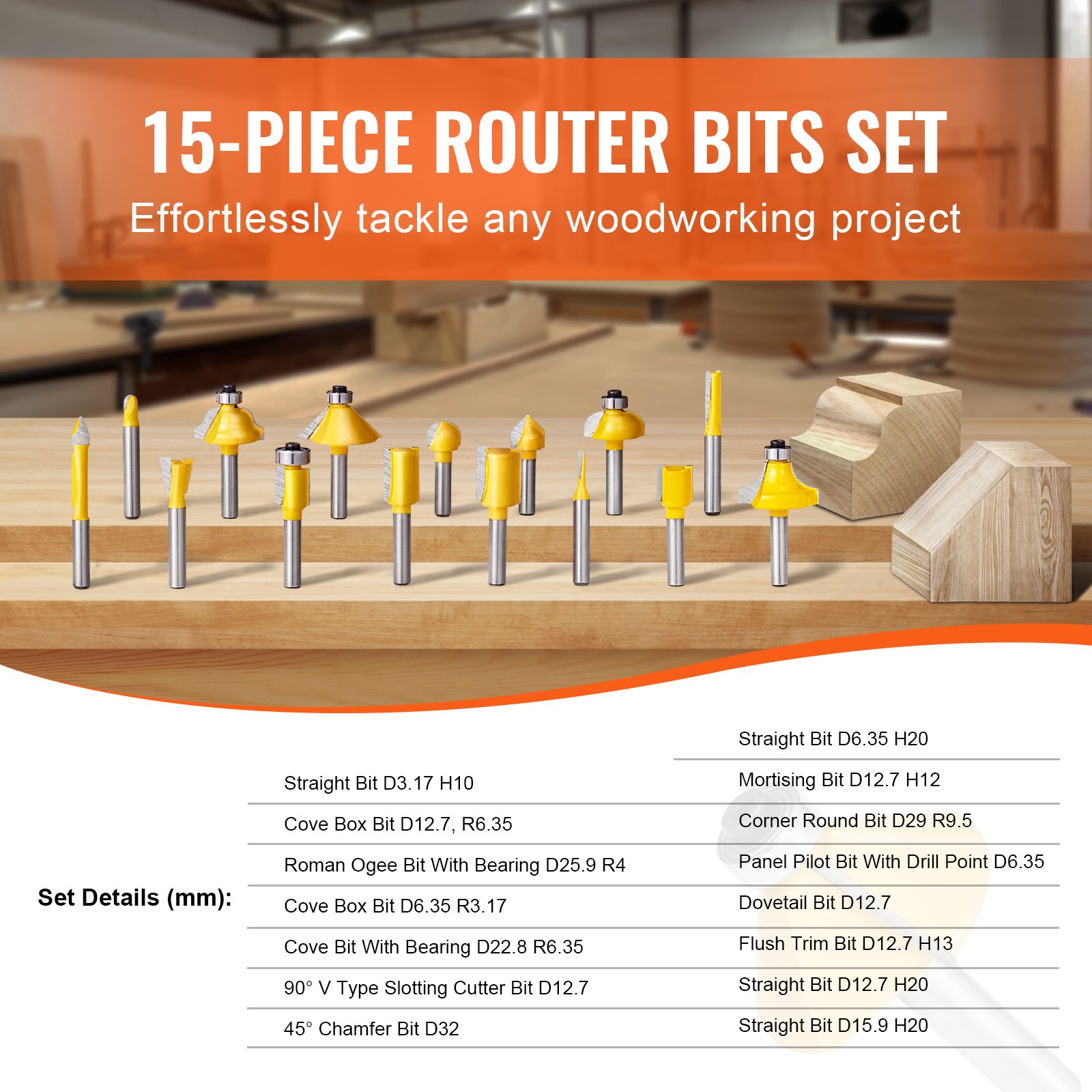 B1 Routing Bit VEVOR Router Bits Set, 15 Pieces, Carbide Router Bit Kit with 1/4 Inch ...