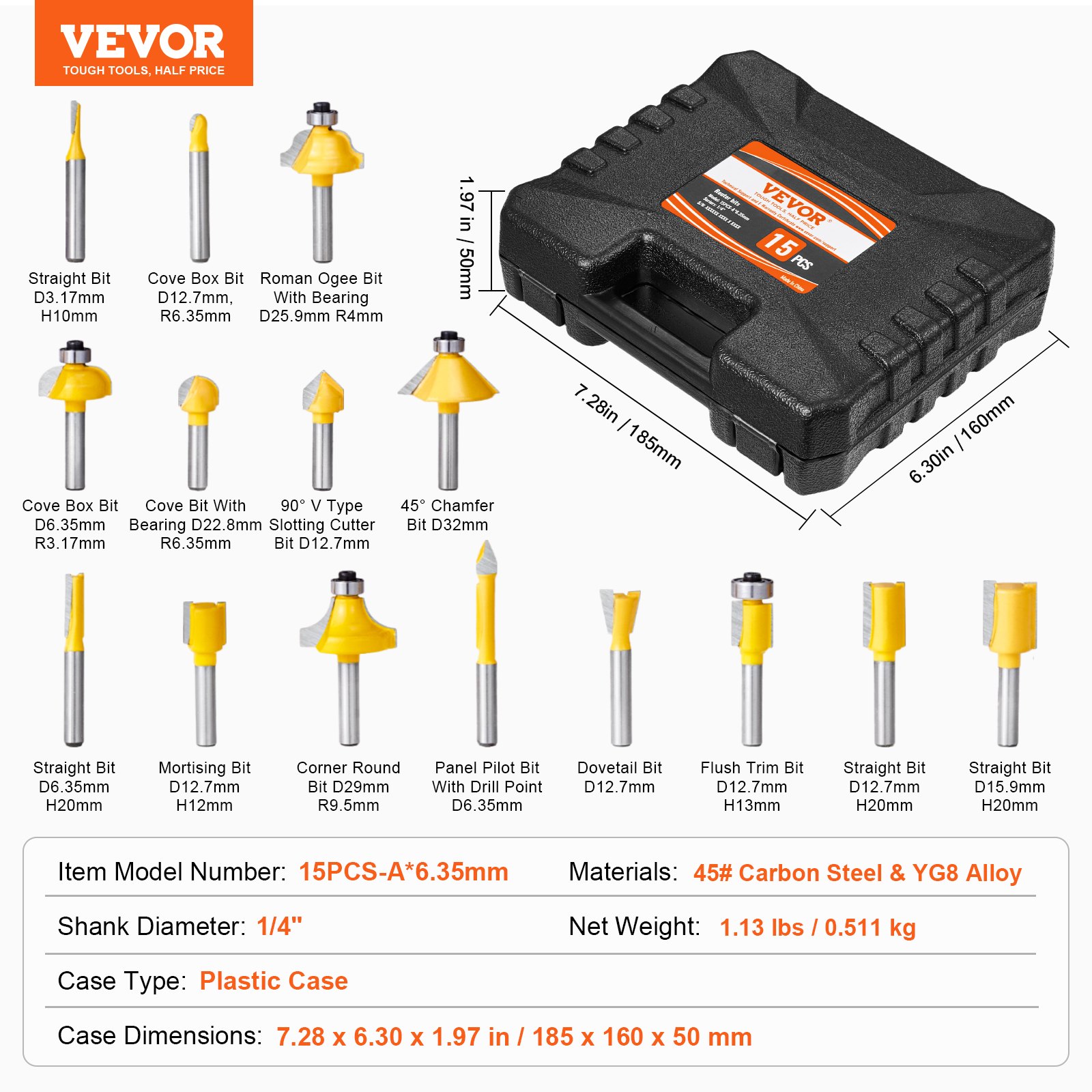 B1 Routing Bit VEVOR Router Bits Set 15 Pieces Carbide Router Bit 1/4 Inch Shank ...