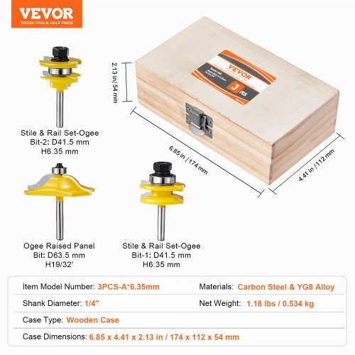 VEVOR Router Bits Set, 3 Pieces, Carbide Router Bit Kit with 1/4 Inch ...