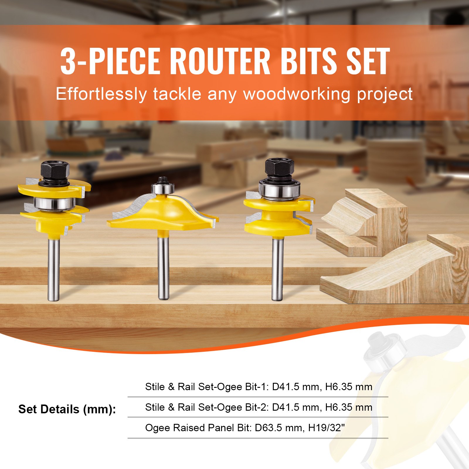 VEVOR Wood Router Bit Set – 3-Piece Carbide Tool Kit