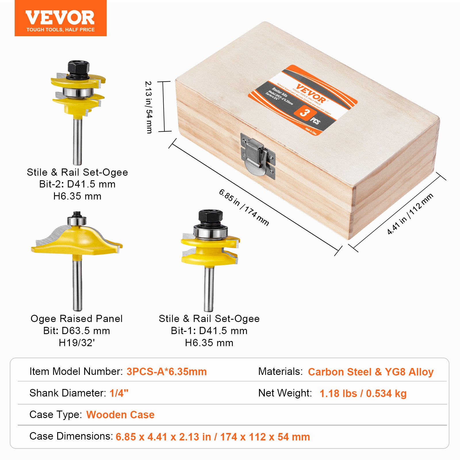 VEVOR Wood Router Bit Set – 3-Piece Carbide Tool Kit