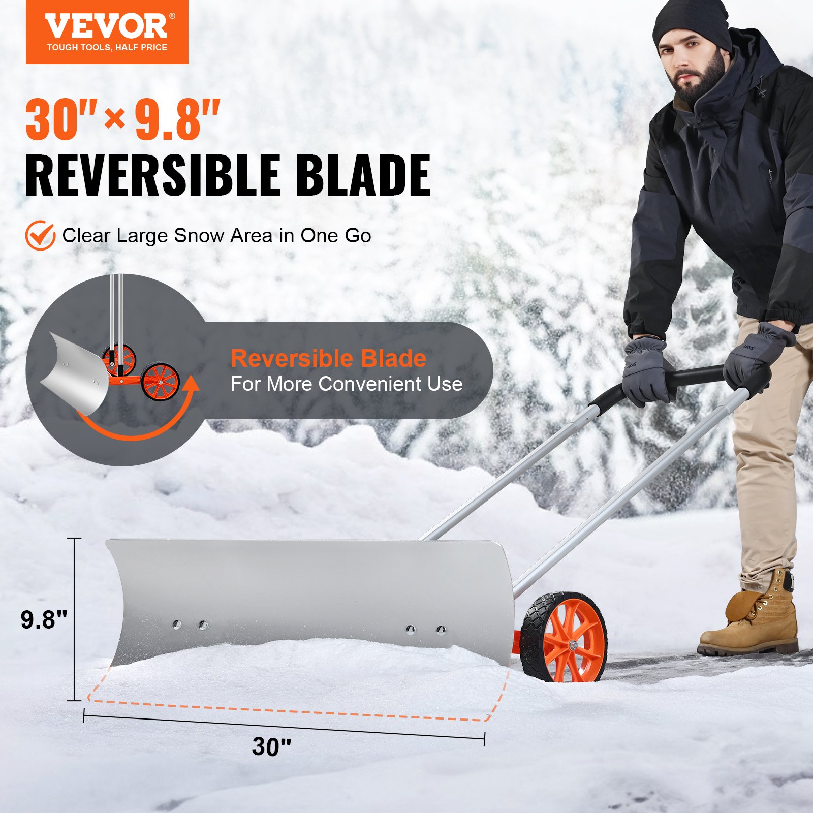 VEVOR Snow Shovel with Wheels, 30 inch Snow Shovel for Driveway, Metal ...