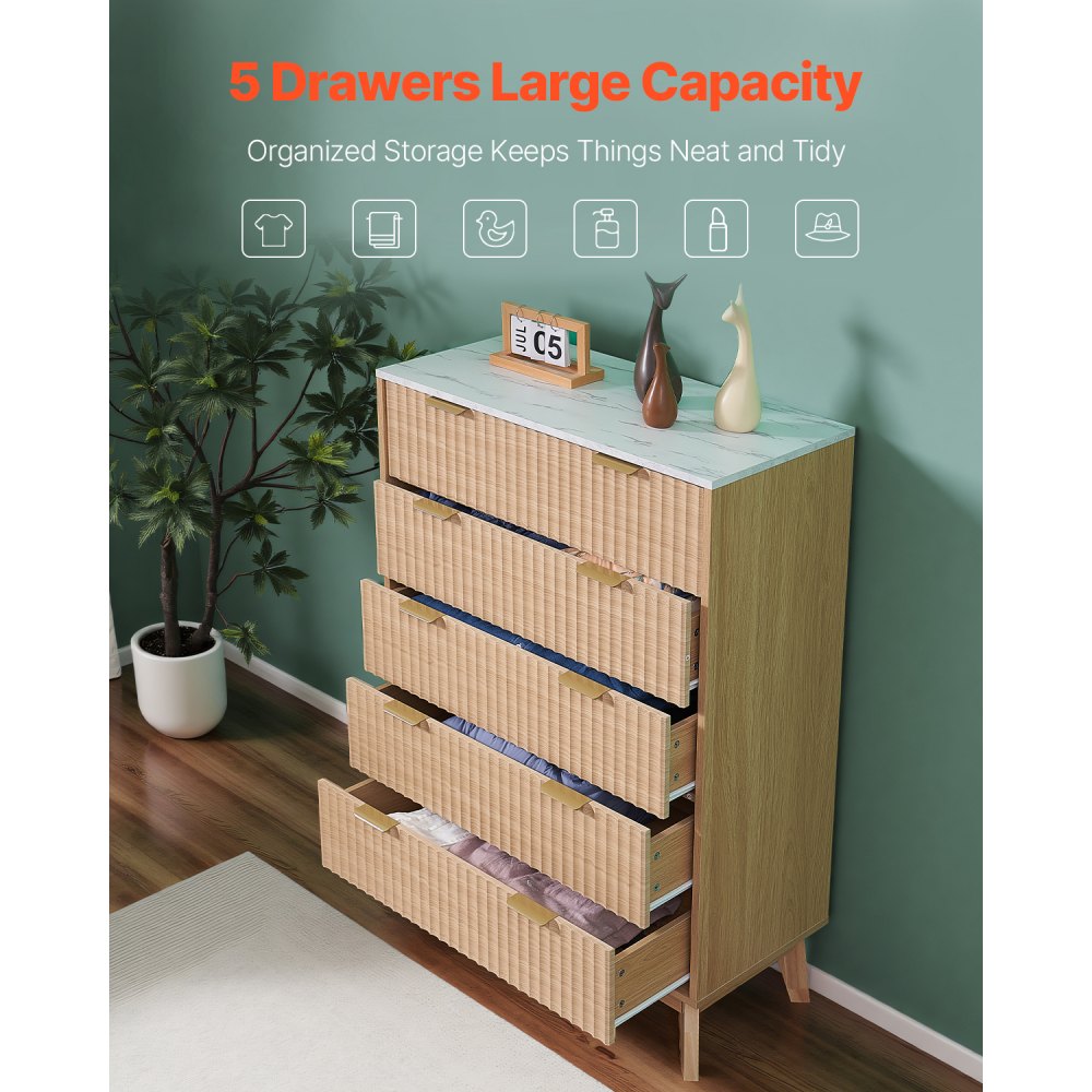 VEVOR Fluted 5 Drawer Dresser – 30 x 15 x 48 Inch, 5 Drawers