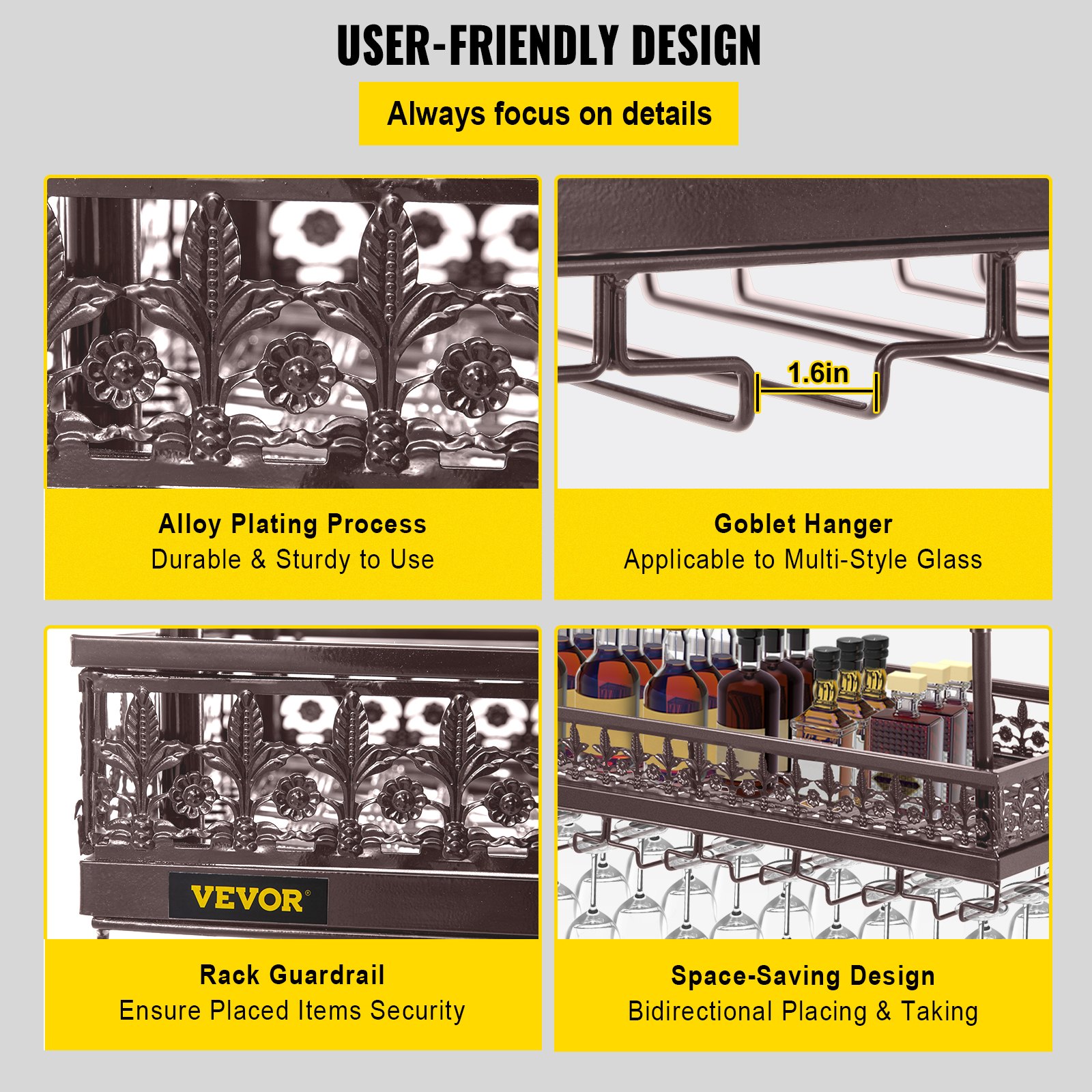 VEVOR Ceiling Wine Glass Rack, 46.9 x 13 inch Hanging Wine Glass Rack