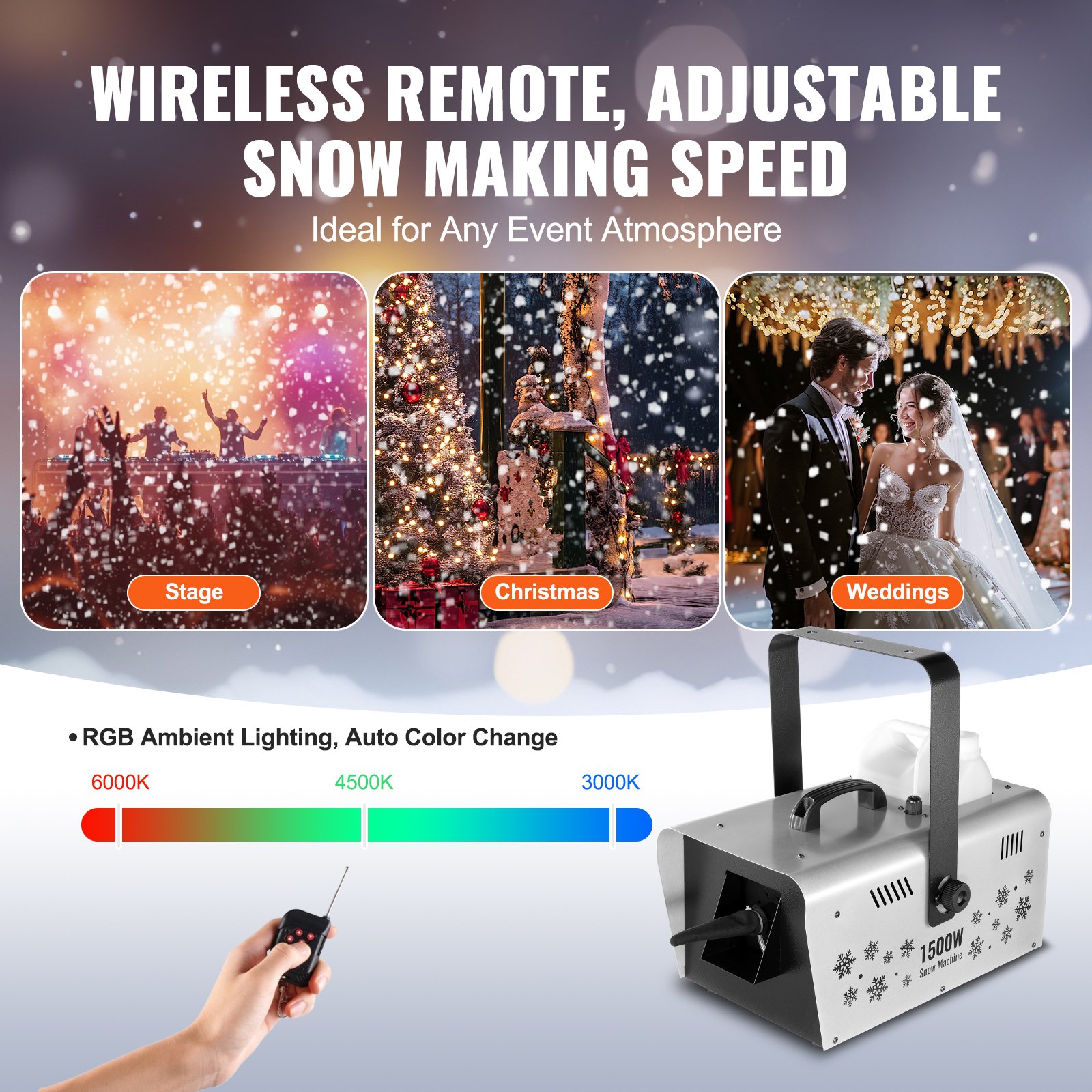 VEVOR Snow Machine, 1500W, Handheld/Hanging Snow Making Machine, Remote ...