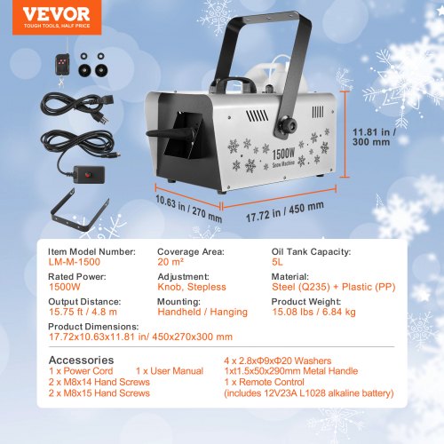 VEVOR Snow Machine 1500W Wireless Remote Handheld Hanging Snow Making ...
