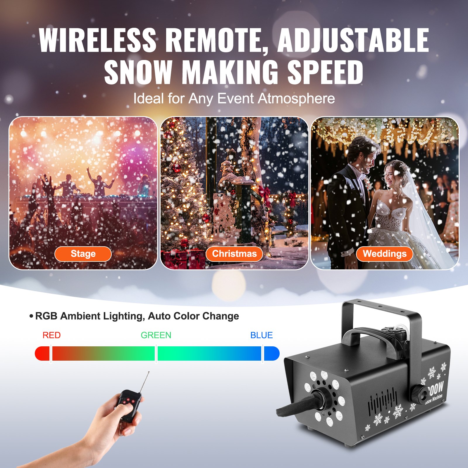 VEVOR Snow Machine 800W Handheld Hanging Snow Maker with LED Light for ...