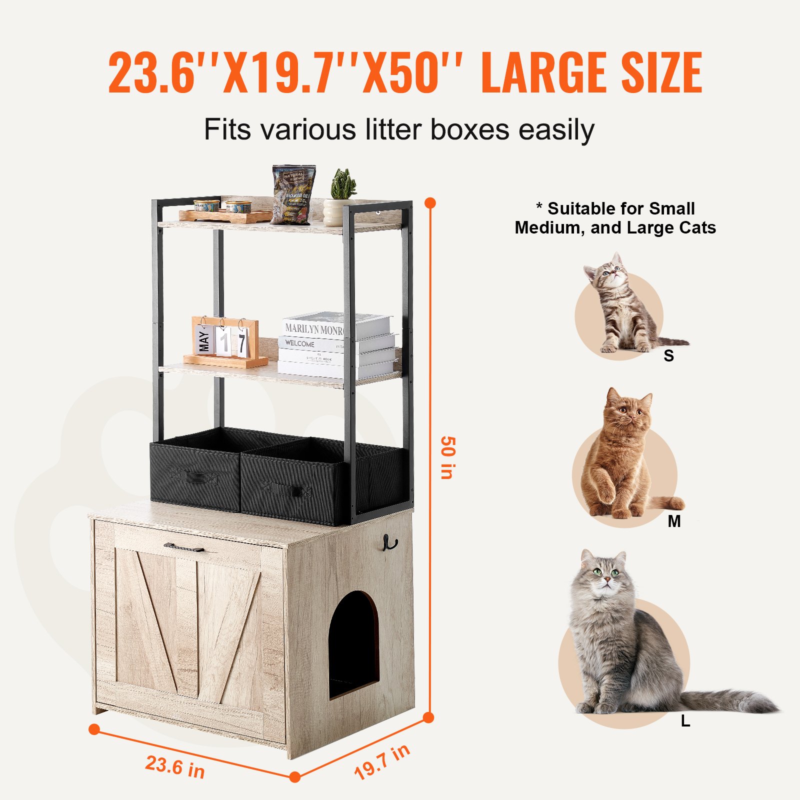 VEVOR Cat Litter Box Enclosure Litter Box Furniture Hidden 2 Shelves ...