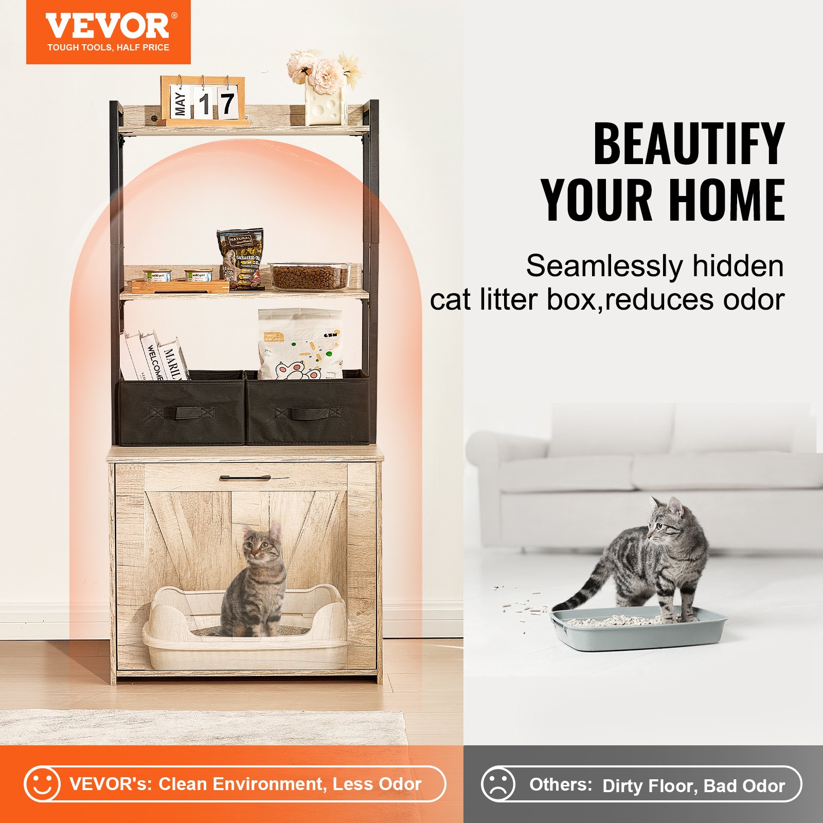 VEVOR Cat Litter Box Enclosure, Hidden Litter Box Furniture with 2 ...